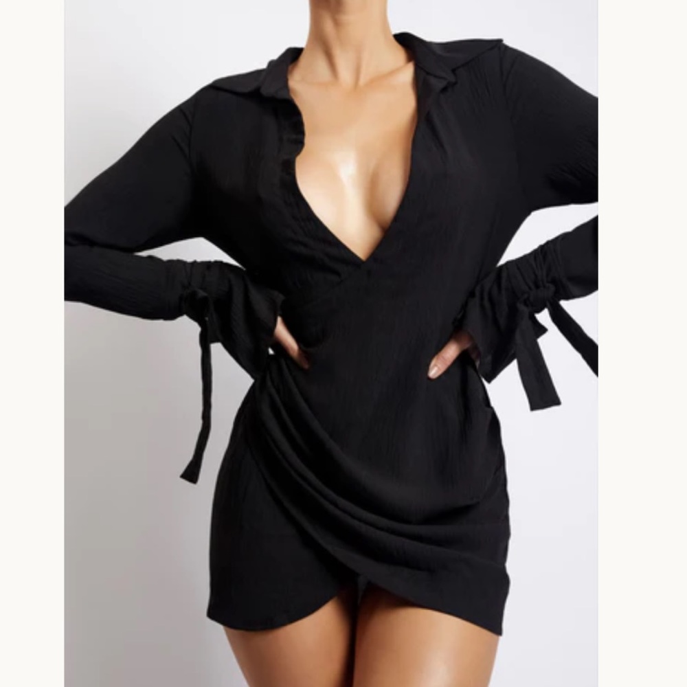 Black Meshki Emilee Wrap Mini Shirt Dress (Medium)